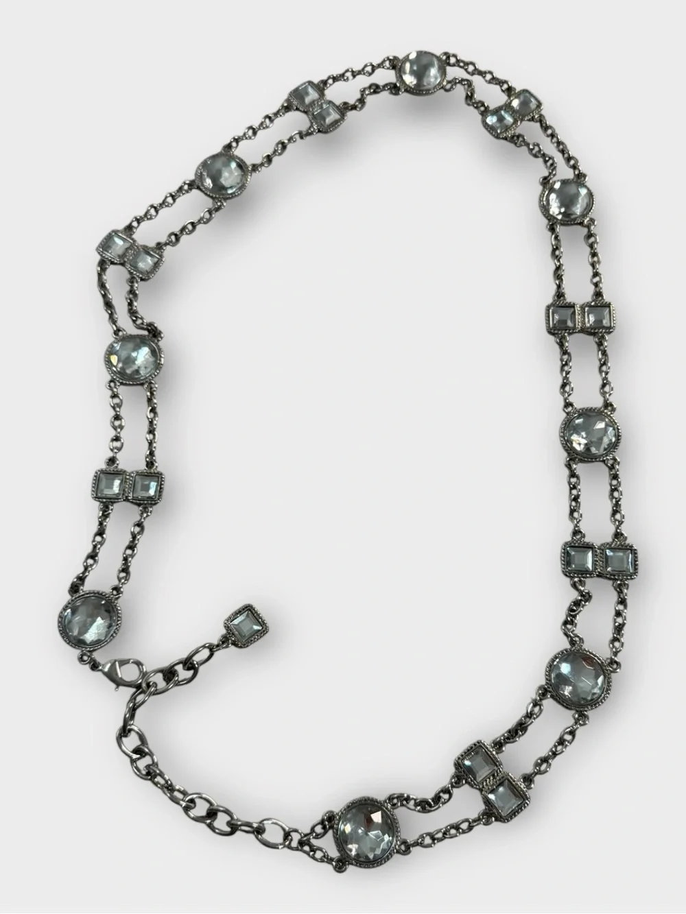 Vintage Silver Tone Rhinestone Chain Belt Adjustable Crystal Waist Belt Boho